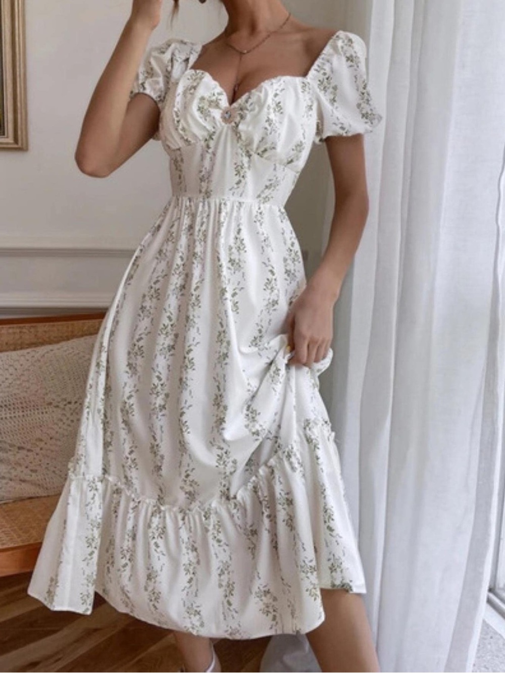 Cream Floral Midi Dress with Puff Sleeves
